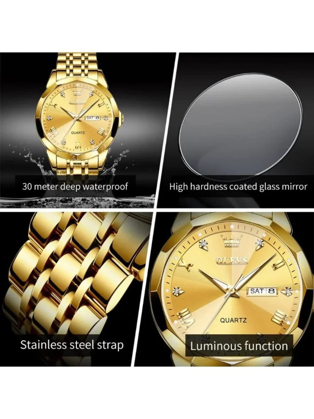 Men's All Gold Stainless Steel Analog Quartz Diamond Waterproof Luxury Watch